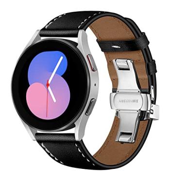 Imagem de Pulseira de couro para Samsung Galaxy Watch 5 de 40 mm e 44 mm/5 Pro 45 mm/Galaxy Watch 4 Band 40 mm 44 mm/4 Classic 42 mm 46 mm/3 41 mm/Active Active 2, pulseira de couro feminina masculina de 20 mm, fivela prata, preta