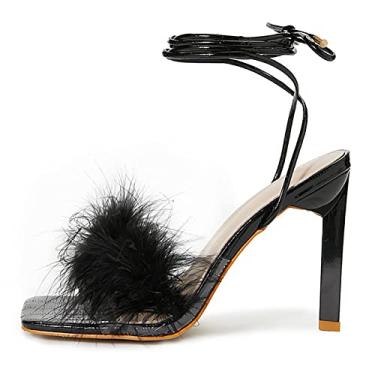 Imagem de Sandálias femininas de salto de penas fofas bico quadrado aberto salto alto sapatos de verão stiletto para mulheres vestido de festa de casamento, preto, 42 EU/11 US