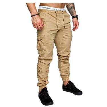 Imagem de Bestgift masculino tecido apertado tecido normal cintura calça cargo L Khaki