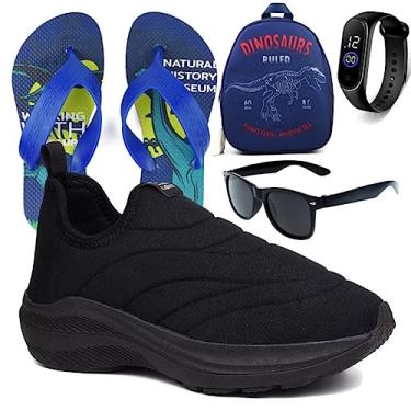 Imagem de Tenis Infantil Meninos Calce Facil Leve Tipo Meia + Mochila Chinelo Oculos Relogio Cor:Preto;Tamanho:33