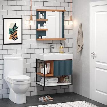 Imagem de Conjunto para Banheiro Gabinete Suspenso 60cm 1 Porta 2 Prateleiras com Lavatório e Espelheira com Led 3 Prateleiras Cyndi Berton Cinamomo/azul