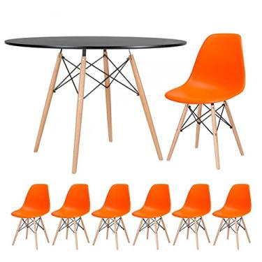 Imagem de Loft7, Kit - Mesa redonda Eames 120 cm preto + 6 cadeiras Eiffel Dsw laranja