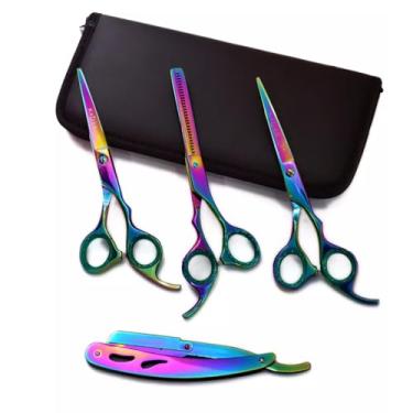 Imagem de Kit 3 Tesouras Profissional, 6.0, Fio Navalha, Fio Laser, Desfiadeira + Navalhete + Pentes e Estojo, Barbeiro, Cabelereiro, Corte de Cabelo, Aço Inox, Original (Furta Cor)
