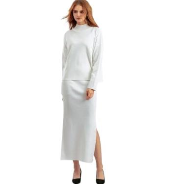 Imagem de JYHBHMZG Saia feminina outono inverno malha suéter saia vestido tricotado, Branco, Tamanho Único