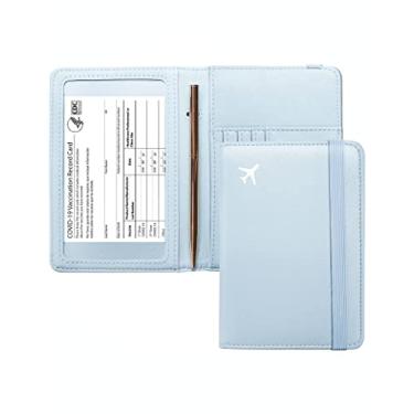 Imagem de Mymazn Combo porta-cartão de passaporte e vacina, carteira de viagem com porta-cartão de vacinação, capa para passaporte com bloqueio RFID, Azul, Minimalista