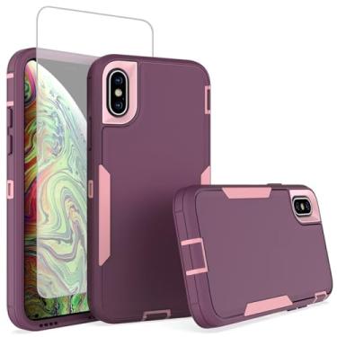 Imagem de Sidande Capa para iPhone Xs, iPhone X com protetor de tela de vidro temperado, suporte de camada dupla resistente, capa protetora magnética para Apple iPhone Xs/X roxo rosa