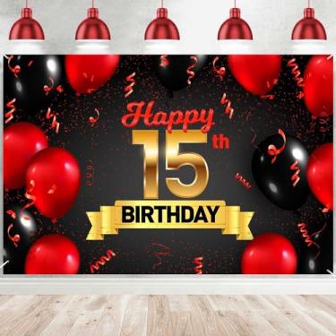 Imagem de Happy 15th Birthday Red Black Decorações Banner Pano de Fundo Balões de Fundo Cheers to 15 Anos Tema Bady Decoração para Meninas Meninos Feliz 15 Aniversário Festa Foto Adereços Lembrancinhas Suprimentos