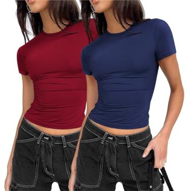 Imagem de Zeagoo Camisetas femininas de manga curta Y2K crop tops gola redonda slim fit linda conjunto de 2 peças, Z - azul marinho/vinho, G