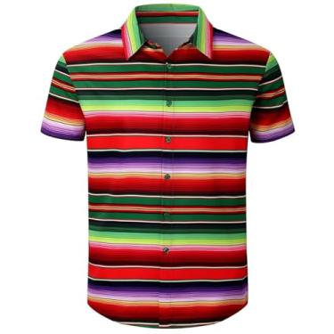 Imagem de Camisa masculina mexicana de botão Fiesta Serape Poncho fantasia manga curta camisa de festa, Poncho mexicano, M