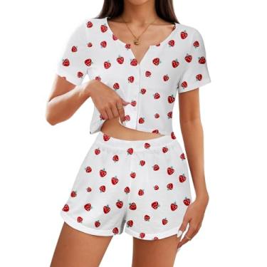 Imagem de American Trends Conjunto de pijama feminino, 2 peças, abotoado, manga curta, conjunto de pijama floral, Estampa de morango, GG