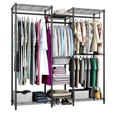 Imagem de Xiofio Rack de roupas resistente de 6 camadas, organizador de roupas, rack de roupas de metal, suporte de roupas com haste de pendurar, prateleira ajustável e cestas fixas, 150 cm C x 38 cm L x 178 cm