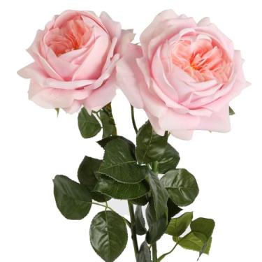 Imagem de Fqueelvys Flores de toque real, 2 peças de flores artificiais de peônias rosa de 13 cm com hastes, flores falsas de rosas Austin de 60 cm com hastes longas para buquês de noiva, mesa central,