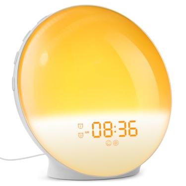 Imagem de Dekala Despertadores nascer do sol para quartos, luz de despertar com simulação do nascer do sol, rádio-relógio, alarmes duplos e sons naturais, soneca e soneca, rádio FM, luz noturna de 7 cores