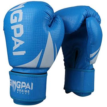 Imagem de Luvas de boxe GINGPAI para homens e mulheres, luvas de saco de pancada, Kickboxing, Muay Thai, luvas de treinamento MMA (azul-branco, 283 g)
