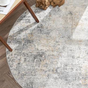 Imagem de Tapete decorativo redondo Jinchan de 183 cm, moderno, lavável, abstrato, desgastado, cinza, multicolorido, contemporâneo, antiderrapante, fino, para sala de estar, sala de jantar, quarto, cozinha