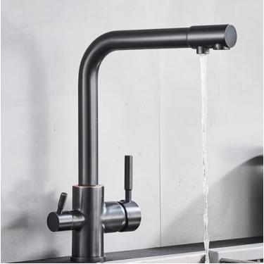 Imagem de Torneira de cozinha com filtro cromado, torneira de cozinha para água potável pura, montada no deck, alças duplas, misturador de água quente e fria de 3 vias, bronze preto