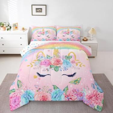 Imagem de Feelyou Conjunto de edredom de unicórnio, tamanho solteiro, decoração de quarto de meninas, adolescentes, 3D, rosa, unicórnio, arco-íris, ultramacio, fofo e floral