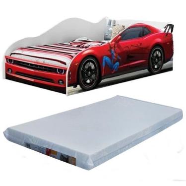Imagem de Cama Carro Infantil + Colchão Homem Aranha Vermelho 100% MDF J&A Móvei