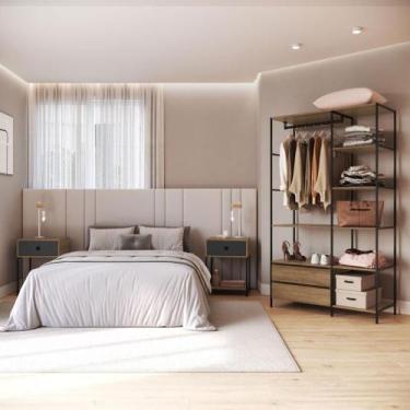 Imagem de Kit Guarda-Roupa Closet com 2 Gavetas e 2 Mesas de Cabeceira - Placa e