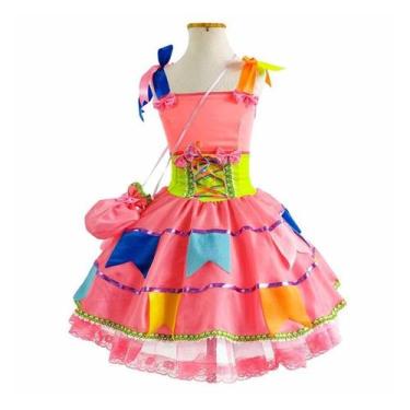 Imagem de Vestido Festa Junina Infantil Luxo Rosa Neon Com Bandeirinhas e Bolsa 