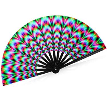 Imagem de Yinkin Grande ventilador de rave dobrável ventilador de mão com bolsa de tecido ventilador de rave holográfico colorido para homens mulheres costelas de bambu acessórios decorativos presentes trippy para festivais de música e festas dançantes