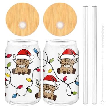 Imagem de Whaline 2 peças de copo de café gelado de vaca Highland com lâmpada de vaca, copos de 473 ml, copo de vidro de Natal com tampas e canudo para coquetéis, uísque, cerveja, refrigerante, presentes