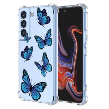Imagem de KOARWVC Capa para Galaxy S22, Capa para Samsung S22 SM-S908U, TPU macio, absorção de choque, fina, protetora, padrão borboleta, capa traseira para Samsung Galaxy S22 borboleta azul