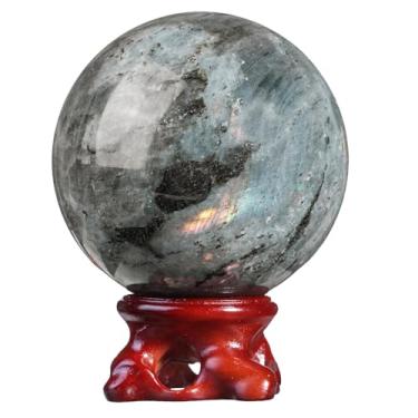 Imagem de Rockcloud Bola de cristal de labradorita natural com suporte de resina, escultura de bola decorativa de esfera de cristal polido para meditação Fengshui decoração de casa, 6 a 7 cm