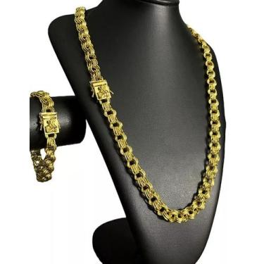 Imagem de Cordão + Pulseira Friso 12mm Fecho São Jorge Banhado A Ouro - ToJoia18