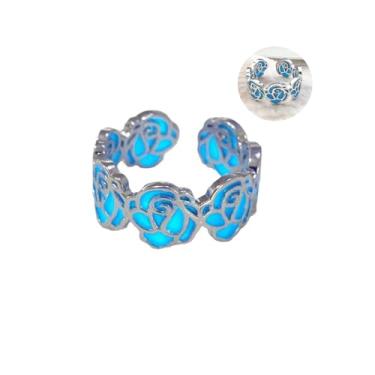 Imagem de xdlhghe Anel de flor rosa para mulheres prata humor brilha no escuro azul rosa bonito anel Y2k declaração delicada moda anime joias bonitas, Latão, Sem pedra preciosa