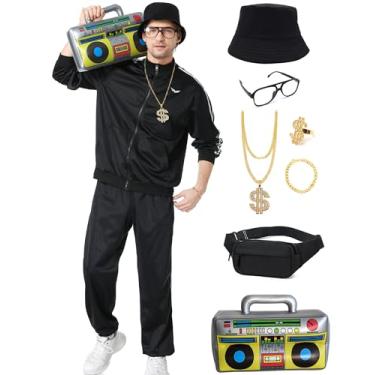 Imagem de Deaboat Agasalho masculino dos anos 80 – roupa retrô corta-vento masculina anos 90, roupa esportiva, hip hop, festa discoteca, conjunto de fantasia, Preto, XX-Large