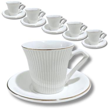 Imagem de Conjunto De 6 Xícaras Brancas e Pires Frisadas Para Chá Sobremesas 90ml 12 Peças Cantinho do Café