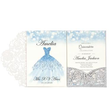 Imagem de DORIS HOME 50 peças de bolsos de convite de quinze anos cortados a laser com envelopes com glitter prateado, cartões de convite de aniversário de 13 cm x 18 cm, Miss 15, Sweet 16 (inserções não