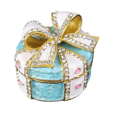 Imagem de kowaku Caixa de joias com laço, caixa de berloque com dobradiça, caixa de anel fofa, artesanato em miniatura, organizador de joias, caixa de armazenamento, Azul