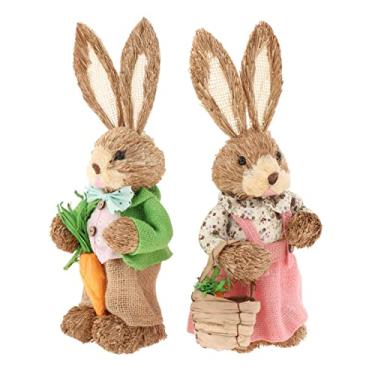 Imagem de UGPLM Coelhinho de palha da páscoa 35 cm suprimentos de festa arte em pé artesanato artificial tema de Páscoa decoração estatuetas de coelho para festa interna, verde rosa