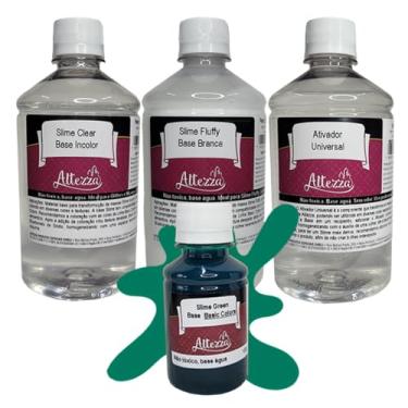 Imagem de Kit Ativador Slime Universal 500ml + Cola Slime Fluffy 500g + Cola Slime Transparente Clear 500g - Altezza - Kit DIY para Slimes Criativos (Kit + Basic Green 100g)