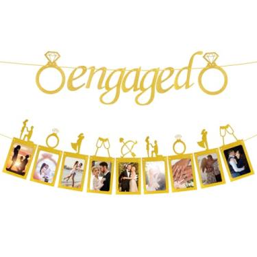 Imagem de Engagement Party Decorations, Gold Glitter Engaged Banner and Photo Banner with 4x6 Inch Romantic Memories Picture Card Frames for Engaged Anniversary Wedding Valentines Day Party