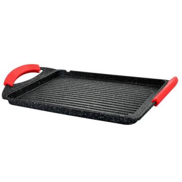Imagem de Chapa Grill para Fogão e Indução Antiaderente Cerâmica Preto 26x34cm -