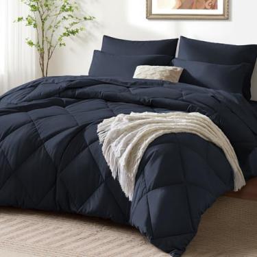 Imagem de SunStyle Home Jogo de cama casal, 7 peças, edredom com edredom e lençóis, todas as estações, lençol de cima, lençol com elástico, fronhas e fronhas (azul marinho)
