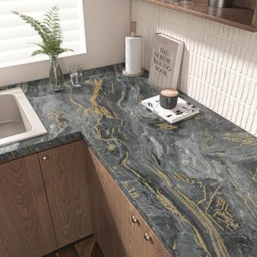 Imagem de Wallercity Papel de contato de mármore preto e dourado de 40,8 cm x 601 cm para bancadas de vinil à prova d'água para papel de parede de mármore autoadesivo removível de granito para gavetas de
