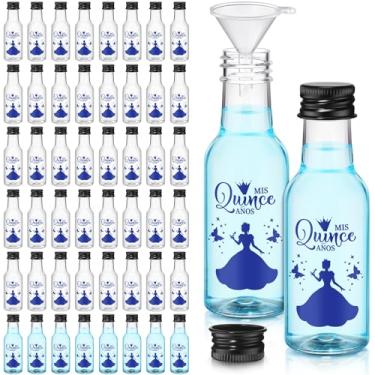 Imagem de Jingmore Mini garrafa de licor Quinceanera, 50 peças, Mis Quince Anos, garrafa de plástico vazia de 50 ml com tampa de rosca preta, 1 funil, presente de aniversário de 15 anos para convidados
