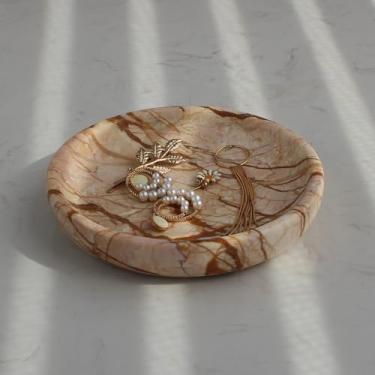 Imagem de Nawgnail Prato de joias de mármore travertino natural 14 cm, prato de bugiganga para brinco de anel, presente para mulher filha (mármore rosa)