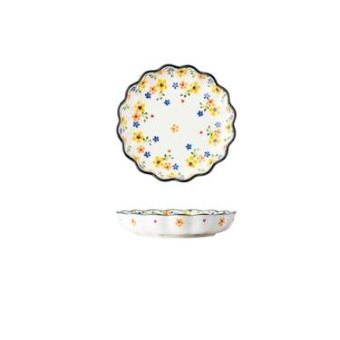 Imagem de Conjunto de tigela e prato de cerâmica para casa, pratos de vegetais criativos e personalizados, tigelas de sopa de orelhas duplas, tigelas de macarrão - prato pequeno de flor amarela de 20 cm de