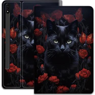 Imagem de Capa para Samsung Galaxy Tab S8 Plus 2022/S7 FE 2021/S7 Plus 2020 12,4 polegadas, suporte ajustável com função automática de hibernar e despertar - gato preto e borboleta