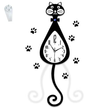 Imagem de rnuie Relógio de parede com pêndulo, decoração de gato, relógio silencioso operado por bateria com cauda oscilante, sala de estar, quarto, decoração de cozinha