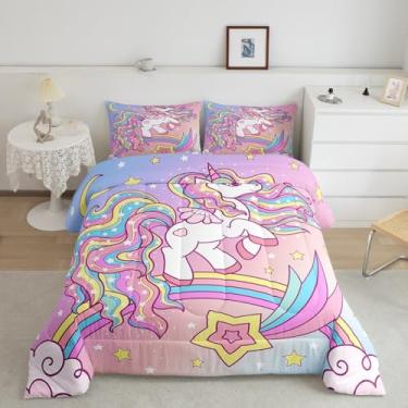 Imagem de Feelyou Conjunto de cama de unicórnio para crianças, meninas, unicórnio, glitter, estrela, arco-íris, conjunto de edredom fofo, 2 peças