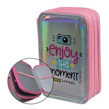 Imagem de Estojo Box Escolar Feminino Rosa Grande Organizador Com 6 Divisórias -