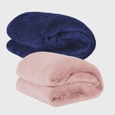 Imagem de Kit 02 Cobertores Manta Microfibra Solteiro (Toque Aveludado) - Rosa/Azul