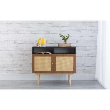 Imagem de Balcão Buffet Pés Palito Madeira 2 Portas Com Nichos Mdf E Palhinha Es