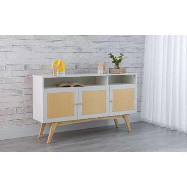 Imagem de Balcão Buffet Para Sala De Jantar Mdf Branco Pés Taeda 3 Portas Com Ni